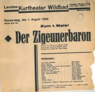 Theaterzettel für die Operette "Der Zigeunerbaron" im Landeskurtheater Wildbad