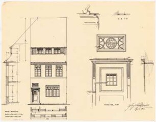 Fassaden der nach dem Brand am 17. Juni 1915 wiederaufgebauten Häuser, Duderstadt: Aufriss: Ansicht von der Straße 1:50; Fassadenschnitte horizontal und vertikal 1:50; Details 1:10: Wandschild, Haustür und Gesims