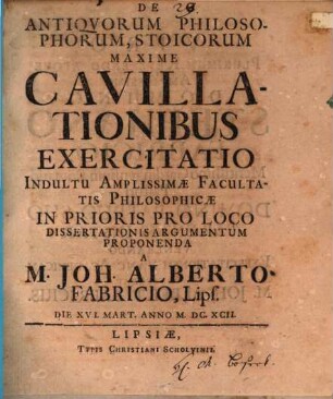 De antiquorum philosophorum, Stoicorum maxime, cavillationibus exercitatio