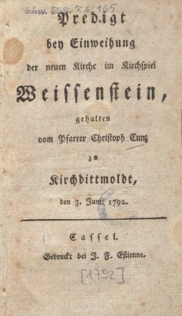 Predigt bey Einweihung der neuen Kirche im Kirchspiel Weissenstein