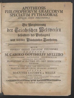 Apotheosis Philosophorum Graecorum Speciatim Pythagorae Eiusque Crisis Philosophica