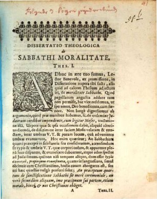 Dissertatio Theologica De Sabbathi Moralitate. 1