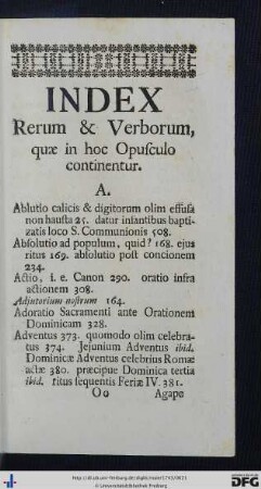 Index Rerum Et Verborum, quae in hoc Opusculo continentur.