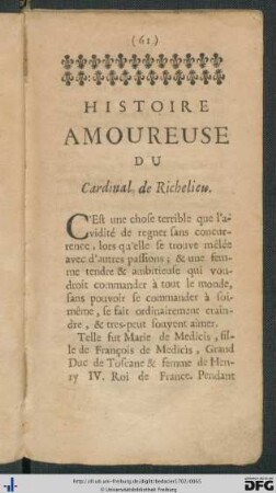 Histoire Amoureuse Du Cardinal De Richelieu.