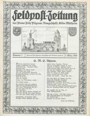7.1916: Feldpost-Zeitung der Firma Fritz Pilgram, Baugeschäft, Köln-Mülheim