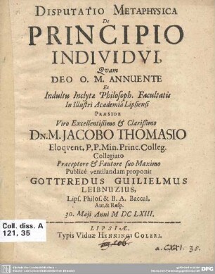 Disputatio Metaphysica De Principio Individui