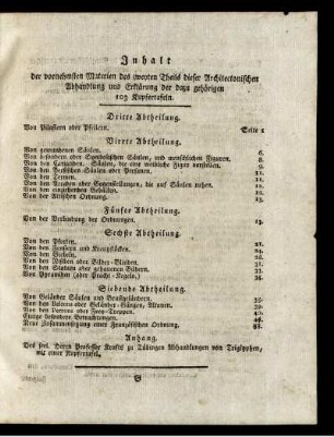 Inhalt der vornehmsten Materien des zweyten Theils dieser Architectonischen Abhandlung und Erläuterungen der dazu gehörigen 103 Kupfertafeln.