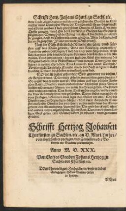 Schrifft Hertzog Johansen Churfürsten zu Sachsen ...