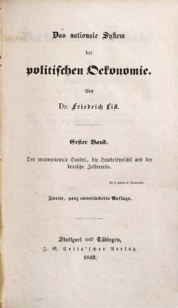 Das nationale System der politischen Oekonomie, 1. Der internationale Handel, die Handelspolitik und der deutsche Zollverein