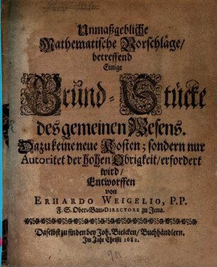 Unmaßgebliche mathematische Vorschläge betreffend einige Grund-Stücke des gemeinen Wesens