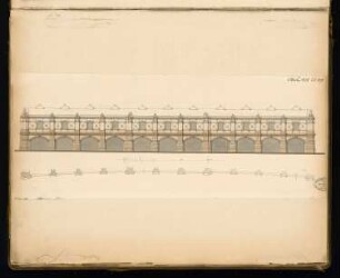 Bahnhof Börse der Stadtbahn, Berlin Monatskonkurrenz Oktober 1878: Grundriss Fassade, Aufriss Seitenansicht; Maßstabsleiste
