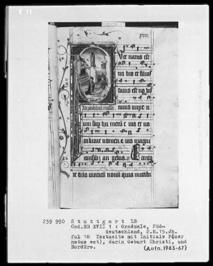 Graduale — Initiale P(uer natus est), darin Geburt Christi, und Bordüre, Folio 18recto