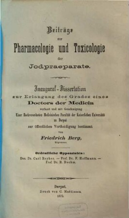 Beiträge zur Pharmacologie und Toxicologie der Jodpraeparate