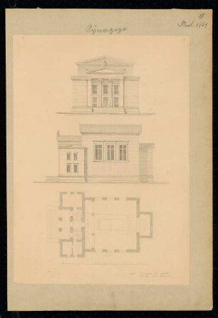 Synagoge Monatskonkurrenz November 1841: Grundriss Erdgeschoss, Aufriss Vorderansicht, Seitenansicht; Maßstabsleiste