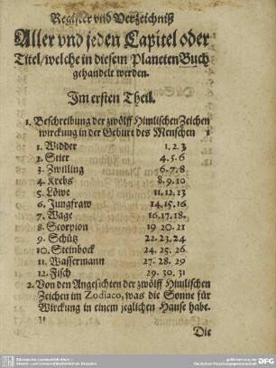 Register vnd Verzeichniß Aller vnd jeden Capitel oder Titel/ welche in diesem PlanetenBuch gehandelt werden.