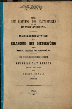 Über den Einfluss des Blutdruckes auf die Harnabsonderung : Inaug. diss.