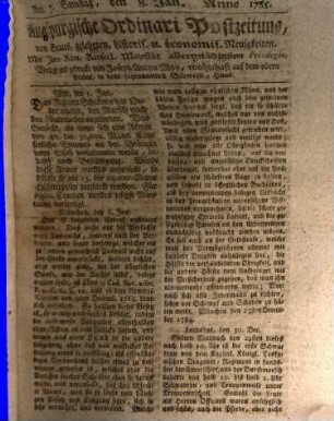 Augsburgische Ordinari Postzeitung von Staats-, gelehrten, historisch- u. ökonomischen Neuigkeiten. 1785