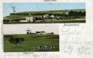 Bannewitz-Possendorf. Windmühle und Ortsansicht, kolorierte Postkarte