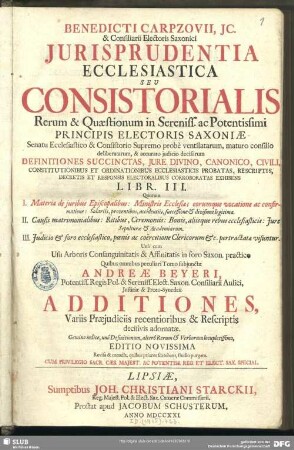 Benedicti Carpzovii ...Iurisprudentia Ecclesiastica Seu Consistorialis Rerum & Quaestionum in Sereniss. ac Potentissimi Principis Electoris Saxoniae Senatu Ecclesiastico & Consistorio Supremo probè ventilatarum ... Definitiones Succinctas, Iure Divino, Canonico, Civili ... Libr. III. ...