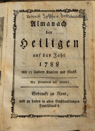Almanach der Heiligen auf das Jahr 1788 : mit 13 saubern Kupfern und Musik