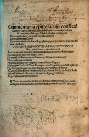 Commentaria epistolarum conficie[n]darum Henrici Bebelij ...