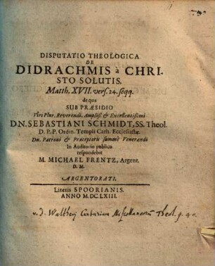 Disp. theol. de didrachmis a Christo solutis, Matth. XVII. vers. 24 seqq.