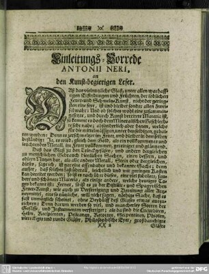 Einleitungs-Vorrede Antonii Neri, an den Kunst-begierigen Leser