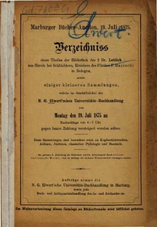 Antiquarischer Catalog der N. G. Elwert'schen Universitäts-Buchhandlung, 1. 1875, 19. Juli
