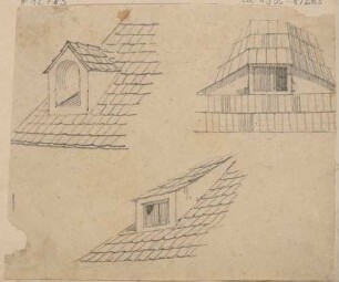 Drei Skizzen historischer Gauben (Schlepp-, Giebel- und Fledermausgaube)