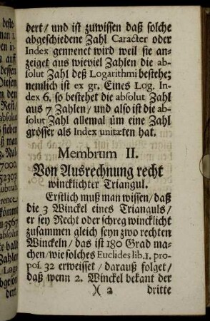 Membrum II. Von Ausrechnung rechtwincklichter Triangul.