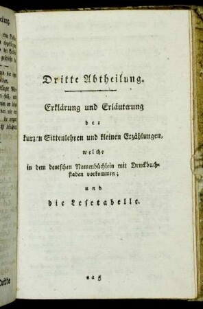 Dritte Abtheilung. Erklärung und Erläuterung der kurzen Sittenlehren und kleinen Erzählungen, [...]