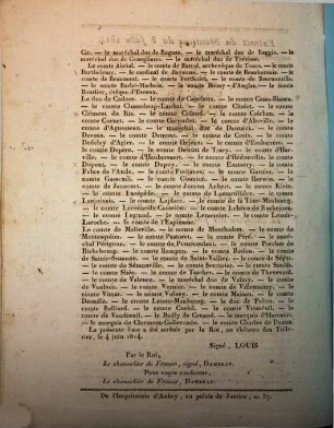 Extrait du Moniteur du 8 Juin 1814, Paris, 7 juin 1814 : Liste nominative des cent cinquante-quatre pairs que Sa Majesté nomme à vie pour composer la chambre des pairs de France
