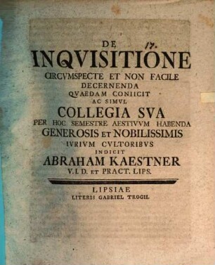 Programma quo de inquisitione circum specte et non facile decernenda quaedam coniicit