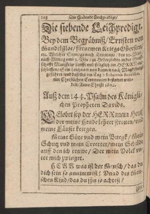 Die siebende Leichpredigt. Bey dem Begräbniß/ Ernsten von Mandelßloe/ fürnemen Kriegs Obersten ...