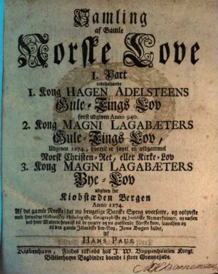 Samling af Gamle Norske Love, 1,1