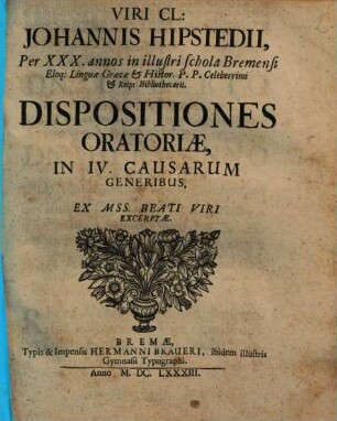 Viri Cl. Johannis Hipstedii ... Dispositiones Oratoriae In IV. Causarum Generibus : Ex Mss. Beati Viri Excerptae