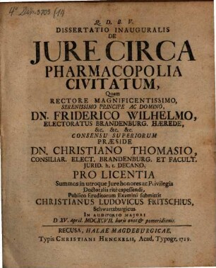 Dissertatio Inauguralis, De Jure Circa Pharmacopolia Civitatum