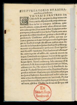 De Purgatorio Et Animarum statu ad lectores.