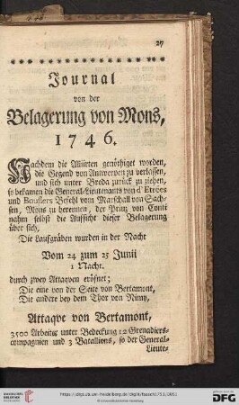 Journal von der Belagerung von Mons, 1746