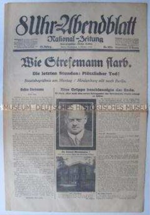 Berliner Tageszeitung "8Uhr-Abendblatt" zum Tod von Gustav Stresemann