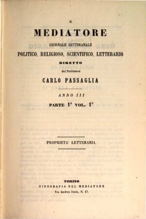 Il Mediatore : giornale settimanale politico, religioso, scientifico, letterario. 3,[1]. 1864