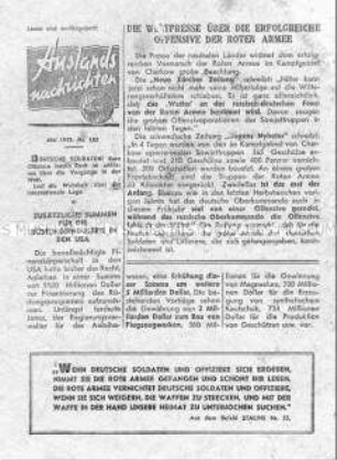 Sowjetisches Nachrichtenblatt für die Wehrmacht mit internationalen Pressemeldungen zur Kriegslage