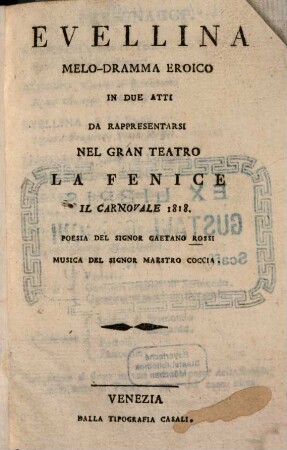 Evellina : Melodramma eroico in 2 atti