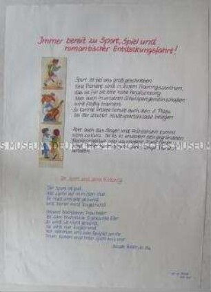 Handgeschriebenes Schmuckblatt mit einem Gedicht einer Schülerin und der Aufforderung, Sport zu treiben