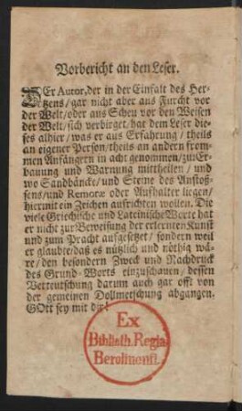 Vorbericht an den Leser