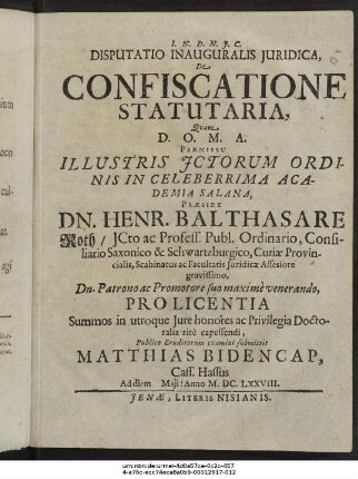 Disputatio Inauguralis Iuridica, De Confiscatione Statutaria
