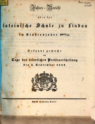Jahres-Bericht über die Lateinische Schule zu Lindau : im Studienjahre ... : bekannt gemacht am Tage der feierlichen Preisvertheilung. 1843