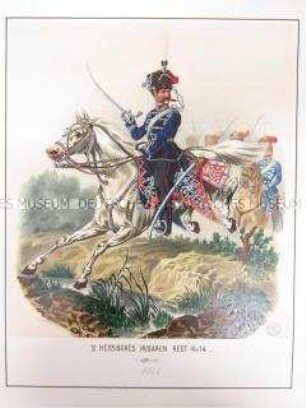 Uniformdarstellung, Offizier des 2. Hessischen Husaren-Regiments No. 14 zu Pferd, Preußen, 1866. Tafel 96 aus: Schindler: Suplement zum Militair-Album.