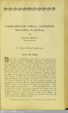 Handwerksbräuche früherer Jahrhunderte insbesondere in Freiberg. 2. Der Gesellenstand