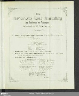 Erste musikalische Abend-Unterhaltung im Seminare zu Zschopau Sonnabend den 20. November 1875